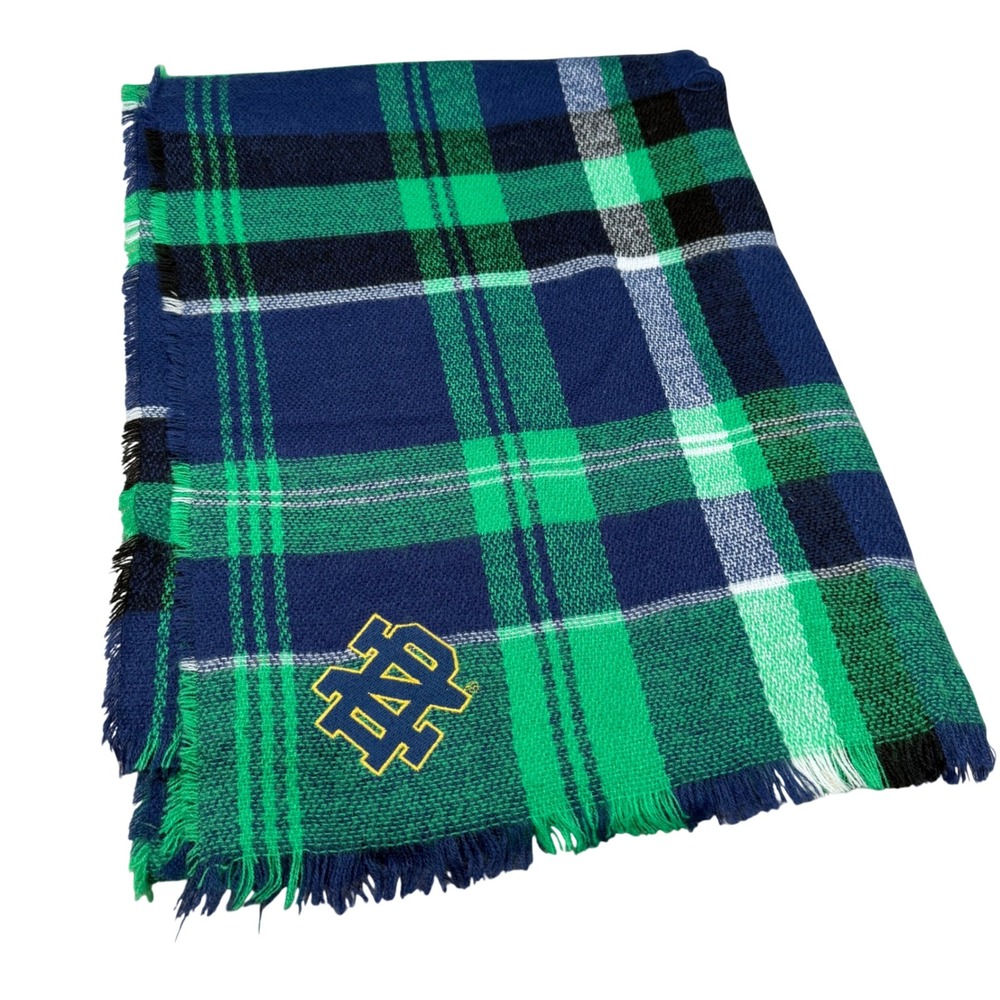 Notre Dame Fighting Irish Plaid Blanket Scarf Navy Green White Embroidered Logo